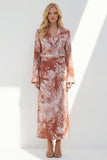 Brown 2 Piece Notched Lapel Long Sleeves Printed Business Suits with Back Slit