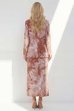 Brown 2 Piece Notched Lapel Long Sleeves Printed Business Suits with Back Slit