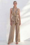 Khaki 2 Piece Halter Striped Wide Leg Business Suits with Belt