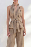 Khaki 2 Piece Halter Striped Wide Leg Business Suits with Belt