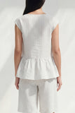 2 Piece White Boat Neck Ruffled Striped Business Suits with Pockets