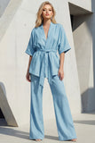 Blue V-Neck Short Sleeves Long Women Suit with Belt