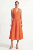 Orange A-Line V-Neck Midi Satin Work Dress
