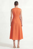 Orange A-Line V-Neck Midi Satin Work Dress