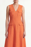 Orange A-Line V-Neck Midi Satin Work Dress