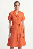 Orange Notched Lapel Single Breasted Short Work Dress with Belt