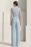 Blue V-Neck Single Breasted Long Satin Women Suits with Belt