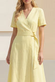 Light Yellow A-Line V-Neck Midi Satin Work Dress with Belt