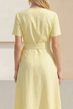 Light Yellow A-Line V-Neck Midi Satin Work Dress with Belt