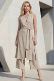 Khaki V-Neck Bodycon Midi Slit Women Suit with Belt