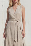 Khaki V-Neck Bodycon Midi Slit Women Suit with Belt