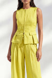 Lemon Yellow Crew Neck Slim Fit Long Women Suit