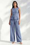 Dark Blue Stripe Crew Neck Slim Fit Long Women Suit