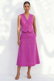 Fuchsia V-Neck Single Breasted Slim Fit Midi Work Dress with Belt