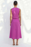 Fuchsia V-Neck Single Breasted Slim Fit Midi Work Dress with Belt