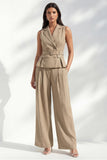 Khaki Notched Lapel Double Breasted Long Slim Fit Women Suit with Belt