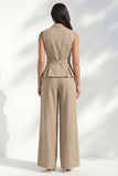 Khaki Notched Lapel Double Breasted Long Slim Fit Women Suit with Belt