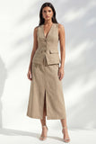 khaki V-Neck Bodycon Single Breasted Midi Slim Fit Work Dress with Slit