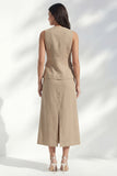 khaki V-Neck Bodycon Single Breasted Midi Slim Fit Work Dress with Slit