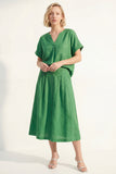 Green V-Neck Short Sleeves Satin Midi Single Breasted Work Dress