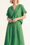 Green V-Neck Short Sleeves Satin Midi Single Breasted Work Dress