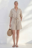 Khaki Notched Lapel Single Breasted Short Sleeves Women Suit