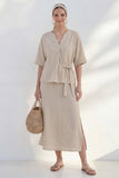 Khaki V-Neck Sheath Short Sleeves Midi Bow Work Dress with Slit