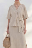 Khaki V-Neck Sheath Short Sleeves Midi Bow Work Dress with Slit