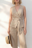 Khaki V-Neck Long Slim Fit Women Suit with Belt