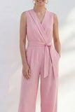 Pink V-Neck Belt Long Women Suit with Slim Fit