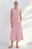 Pink V-Neck Double Breasted Midi Work Dress with Slit