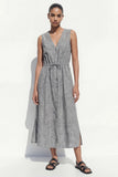 Grey V-Neck Single Breasted Midi Work Dress with Belt