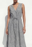 Grey V-Neck Single Breasted Midi Work Dress with Belt