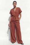 Caramel V-Neck Short Sleeves Long Women Suit with Belt