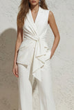 White Notched Lapel Ruched Slim Fit Long Women Suit