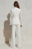 White Notched Lapel Ruffled Slim Fit Long Tulle Women Suit