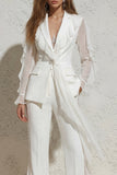 White Notched Lapel Ruffled Slim Fit Long Tulle Women Suit