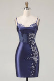 Navy Corset Satin Bodycon Embroidered Short Prom Dress