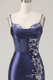 Navy Corset Satin Bodycon Embroidered Short Prom Dress