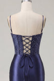 Navy Corset Satin Bodycon Embroidered Short Prom Dress