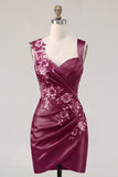 Navy Satin Ruched Embroidered Bodycon Short Prom Dress