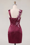 Navy Satin Ruched Embroidered Bodycon Short Prom Dress