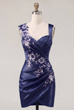 Navy Satin Ruched Embroidered Bodycon Short Prom Dress