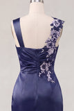 Navy Satin Ruched Embroidered Bodycon Short Prom Dress