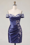 Off the Shoulder Navy Embroidered Satin Ruched Bodycon Short Prom Dress