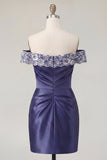 Off the Shoulder Navy Embroidered Satin Ruched Bodycon Short Prom Dress