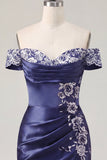Off the Shoulder Navy Embroidered Satin Ruched Bodycon Short Prom Dress