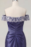 Off the Shoulder Navy Embroidered Satin Ruched Bodycon Short Prom Dress