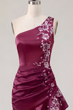 One Shoulder Navy Satin Asymmetrical Ruched Bodycon Mini Cocktail Dress