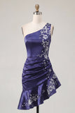 One Shoulder Navy Satin Asymmetrical Ruched Bodycon Mini Cocktail Dress